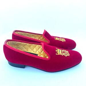 Shipton & Heneage Men’s Velvet Smoking Slippers Loafers Red Crown Quilt US 9